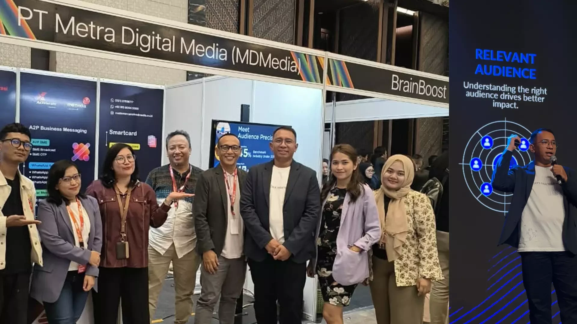 Tim MDMedia di stan IDMC 2026 dan sesi presentasi solusi Audience Intelligence berbasis data Telco untuk digital marketing